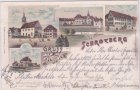 74575 Schrozberg, u.a. Bahnhof, Marktplatz, Farblitho, ca. 1895 