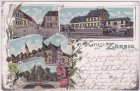 06780 Zörbig, u.a. Bahnhof, Farblitho, ca. 1895