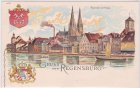 93047 Regensburg, Stadtansicht, Wappen, Farblitho, ca. 1900